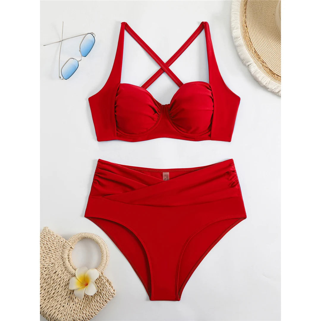 Pleated Underwired Padded Female Swimsuit High Waist Bikini Women Swimwear Two-pieces Bikini set Bather Bathing Suit Swim