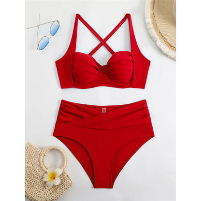 Pleated Underwired Padded Female Swimsuit High Waist Bikini Women Swimwear Two-pieces Bikini set Bather Bathing Suit Swim