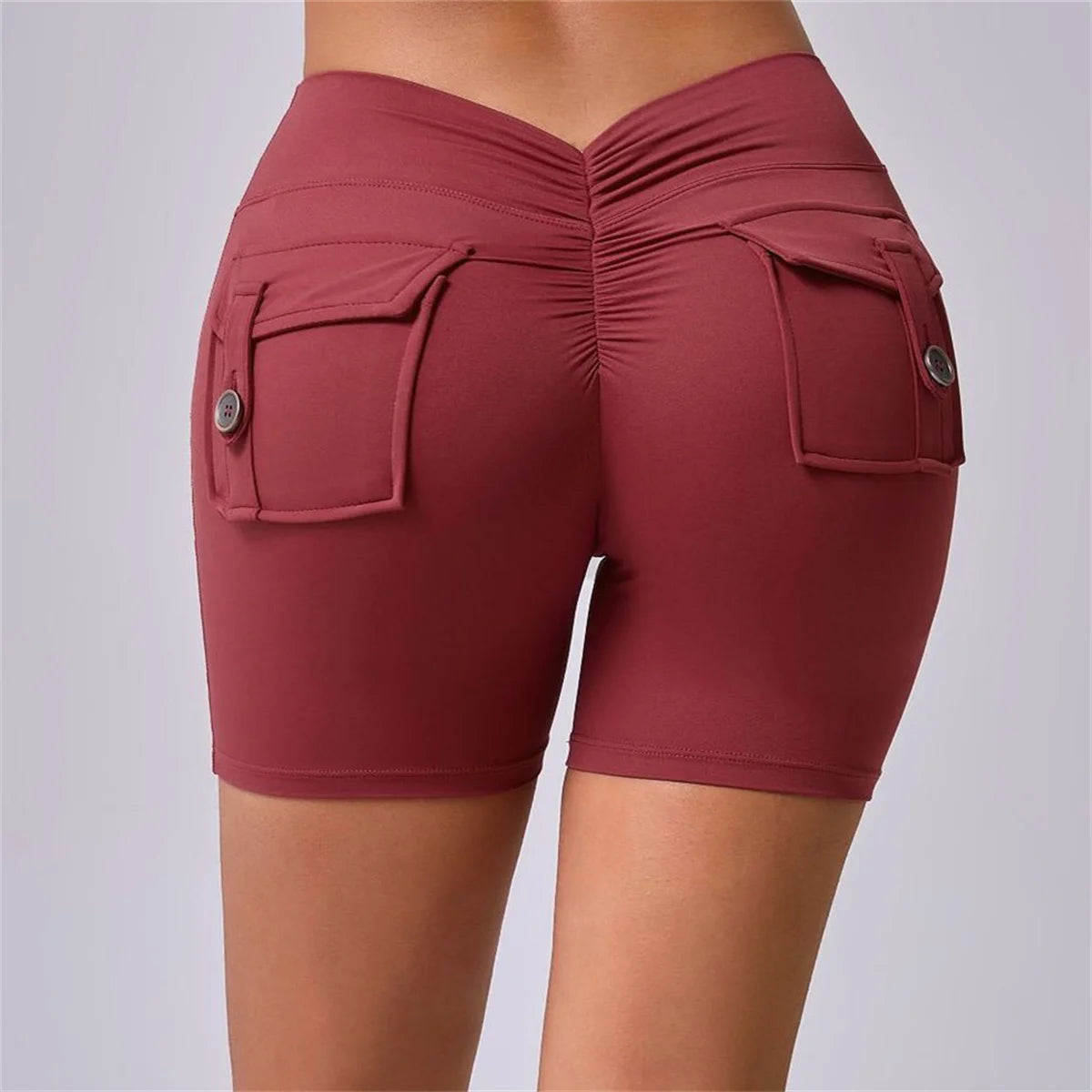 Deep V Back Yoga Shorts Women Pocket Scrunched Butt Gym Leggings High Waist Push Up Tights Booty Sports Shorts Fitness