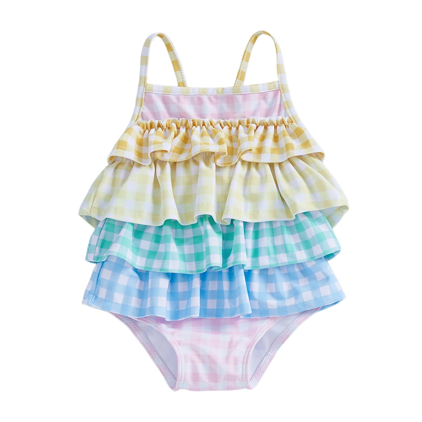 Toddler Little Girls Summer Cami Romper Swimsuit Sleeveless Tiered Colorful Striped/Plaid Swimwear