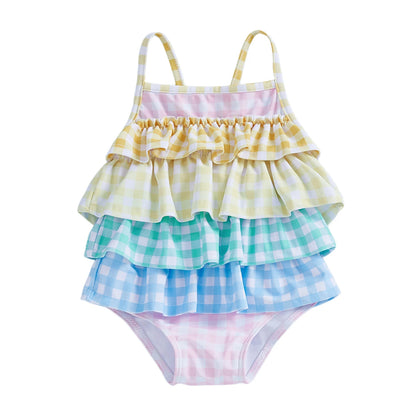 Toddler Little Girls Summer Cami Romper Swimsuit Sleeveless Tiered Colorful Striped/Plaid Swimwear