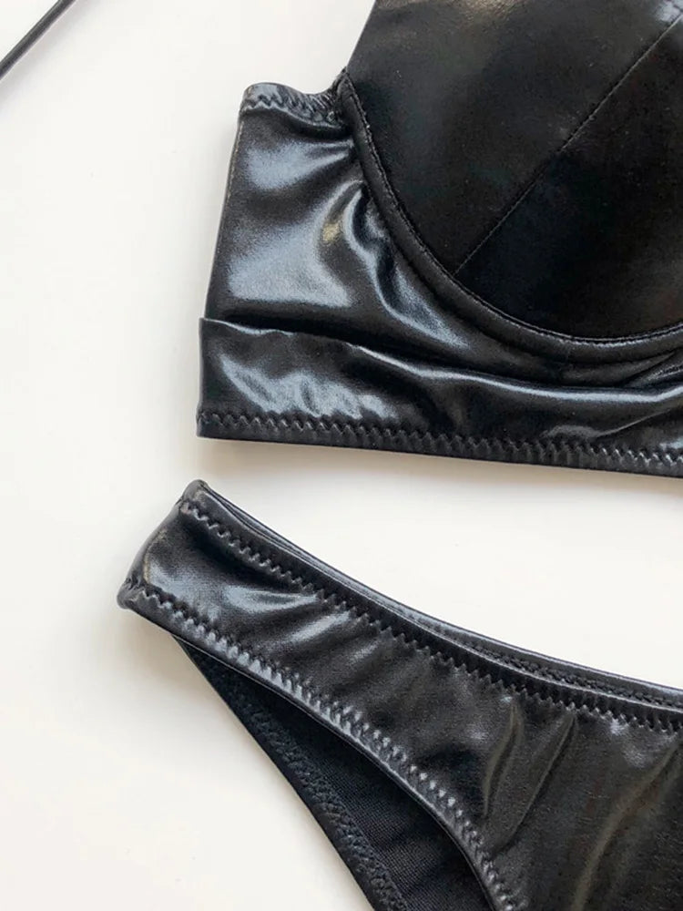 Shiny Faux Leather PU Bikini Women Swimsuit Bra Cup Bikinis Female Swimwear Two Pieces Bikini Set Push Up Bathing Suit Swim