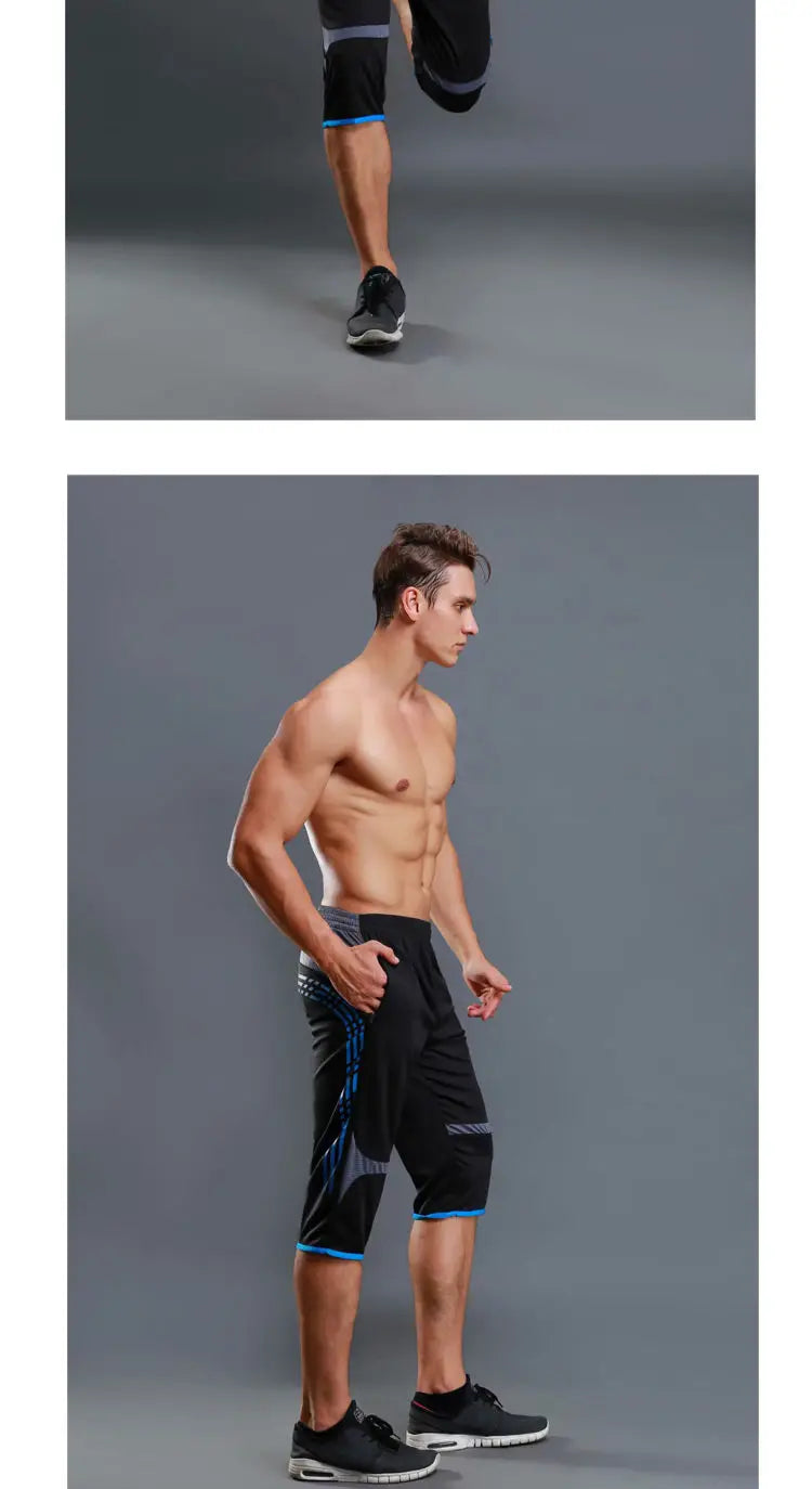 Summer Men Sports Striped Cropped Pants Fitness Running Riding Train Quick Drying Breathable Loose Thin Large Size Shorts