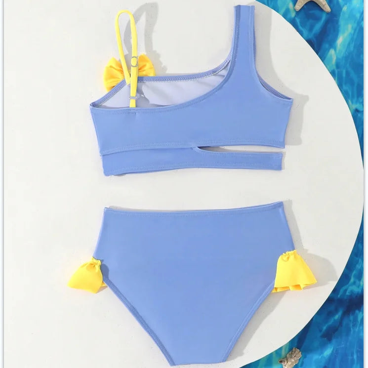 Little Girls Swimsuit High Waist Bikini Ruffle Swimwear Female Solid Children Bathing Swimming Swim Suit 4-7Y