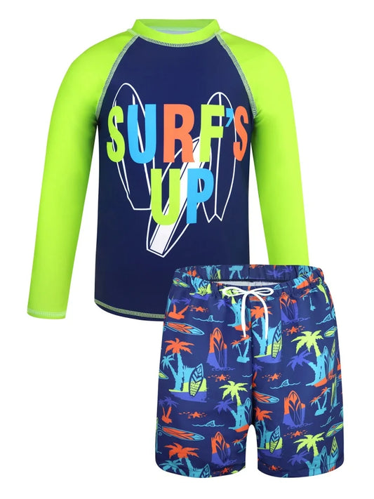 Boys Kids Swimsuit Letter Coconut Tree Print Long Sleeves Children Swimsuit Summer Beach Shorts Bathing Suit Swimming