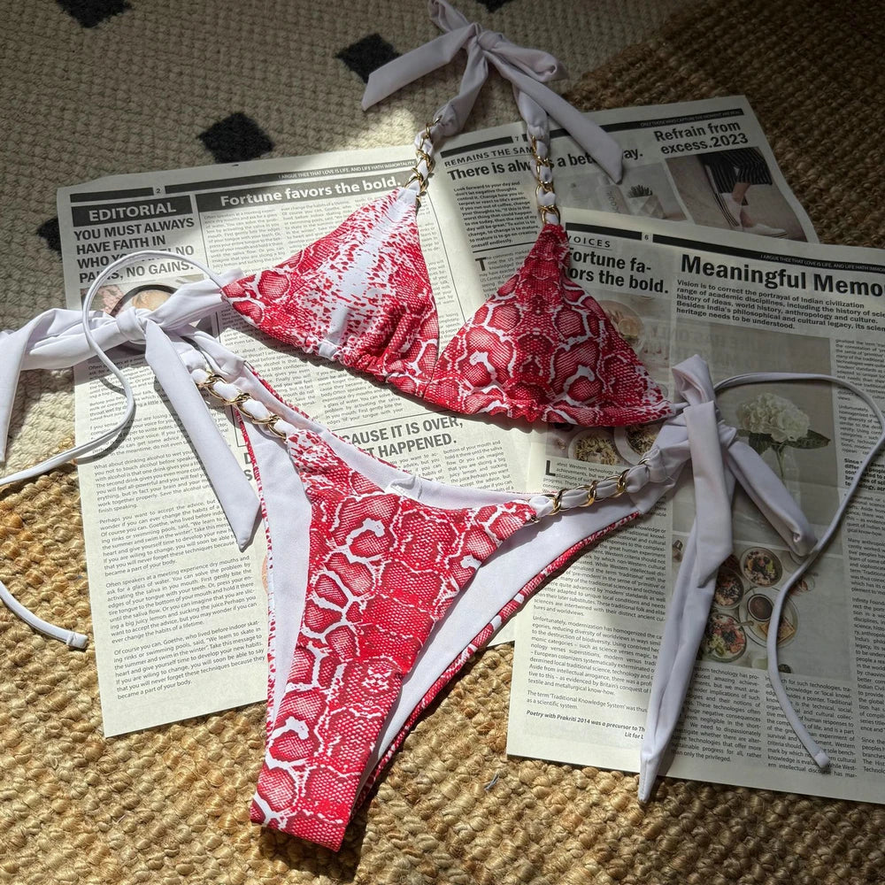 String Halter Bikini Set Women's Chain Top Leopard Halter Swimsuit Thong Swimwear