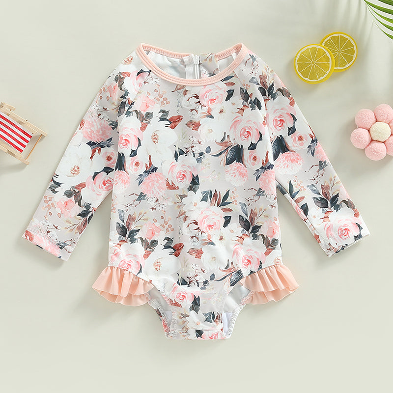 0-4Y Toddler Baby Girl Swimsuit Romper 4 Colors Flower Print Long Sleeve Ruffle Bikini Bathing Suit