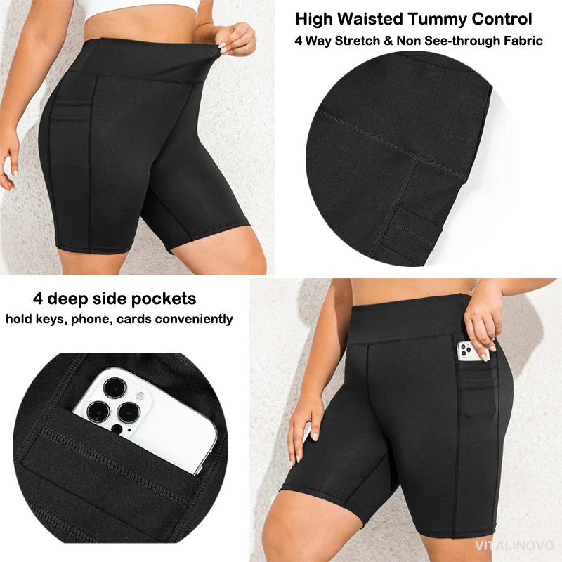 Plus Size Biker Shorts with Pockets for Women High Waisted Workout Tummy Control Gym Running Athletic Yoga Short