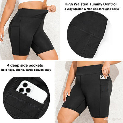 Plus Size Biker Shorts with Pockets for Women High Waisted Workout Tummy Control Gym Running Athletic Yoga Short