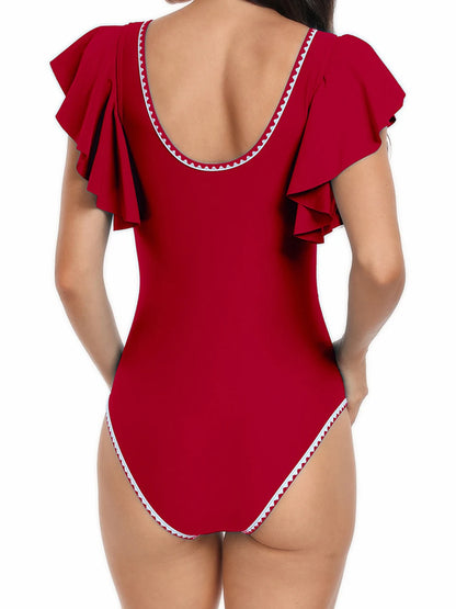 One Piece Ruffle Bodysuit Women Solid Deep V-Neck Swimwear Female Padded Swimsuit Bathing Swimming Summer Beachwear