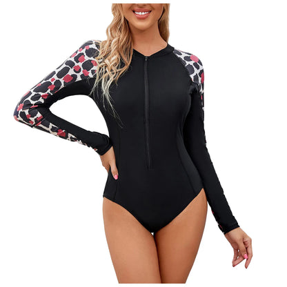 Swimwear Women's Long Sleeve Rash Guard Zipper Surfing Swimsuit Contrast Color Long Sleeve Bathing Suit Summer Beachwear