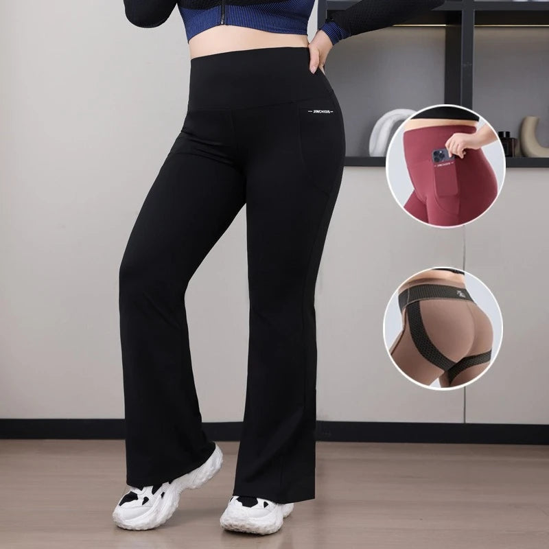 Plus Size Fit Yoga Flared Trousers for Women Seamless Two Sides Pocket Leggings High Waist Push Up Butt Gym Training Leggings