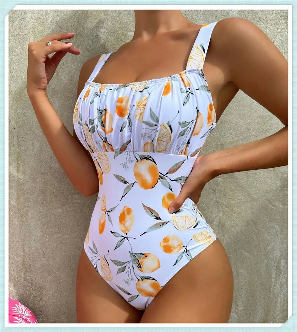 Pleated Front Swimsuit One Piece Printed Swimwear Women Bodysuit Lady Bathers Bathing Swimming Swim Beachwear Summer