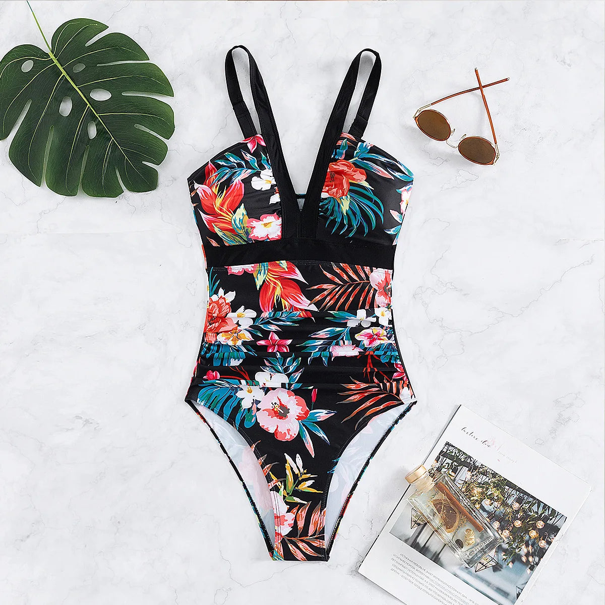 One Piece Swimsuit Women Swimwear Push Up Monokini Plunge Bathing Suit Floral Bodysuit Beach Wear Female Swimsuit