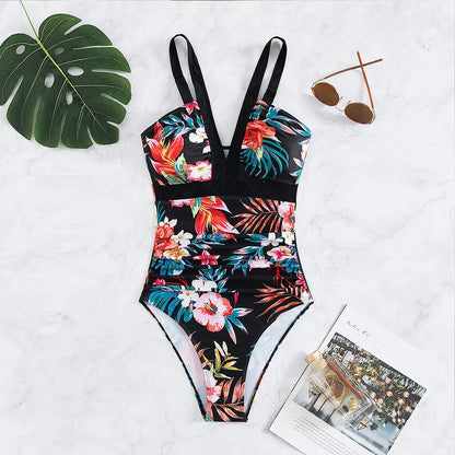 One Piece Swimsuit Women Swimwear Push Up Monokini Plunge Bathing Suit Floral Bodysuit Beach Wear Female Swimsuit