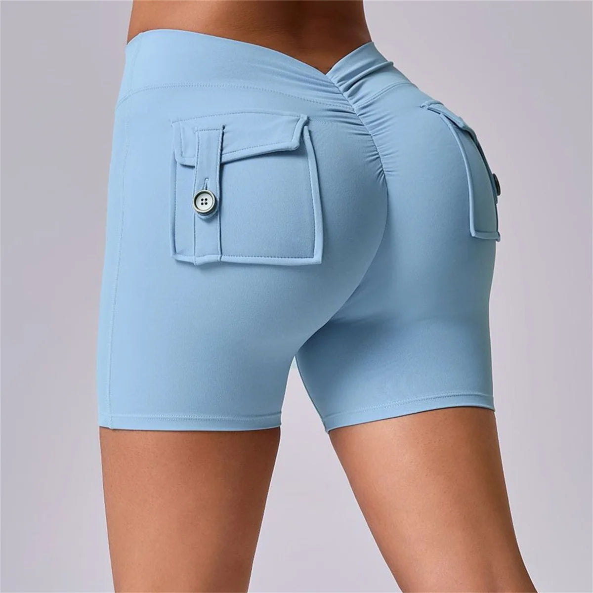 Deep V Back Yoga Shorts Women Pocket Scrunched Butt Gym Leggings High Waist Push Up Tights Booty Sports Shorts Fitness