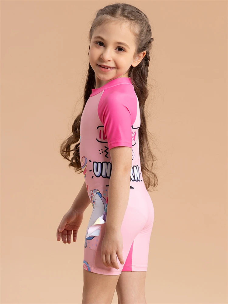 Girls Kids Swimsuit Rainbow Horse Siamese Short Sleeves Children Swimwear Summer One Piece Beach Bathing Suit Swimming