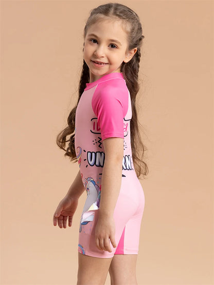 Girls Kids Swimsuit Rainbow Horse Siamese Short Sleeves Children Swimwear Summer One Piece Beach Bathing Suit Swimming