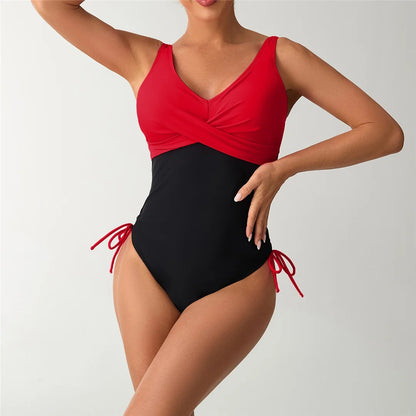 S - XXL Splicing V Neck Backless Women Swimwear One Piece Swimsuit Female High Leg Cut Padded Bather Bathing Suit Swim