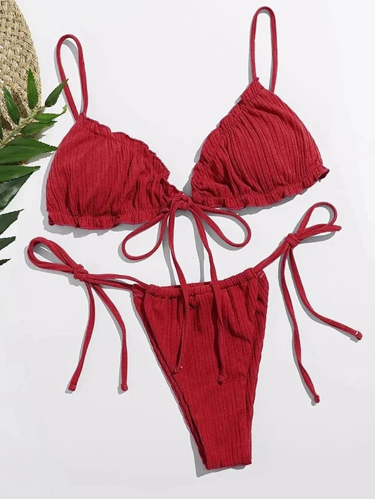 Swimsuit Pit stripe Bikini Women Swimwear  Bathing Suits Push Up Biquinis Bandage Beachwear Solid Bikini Sets