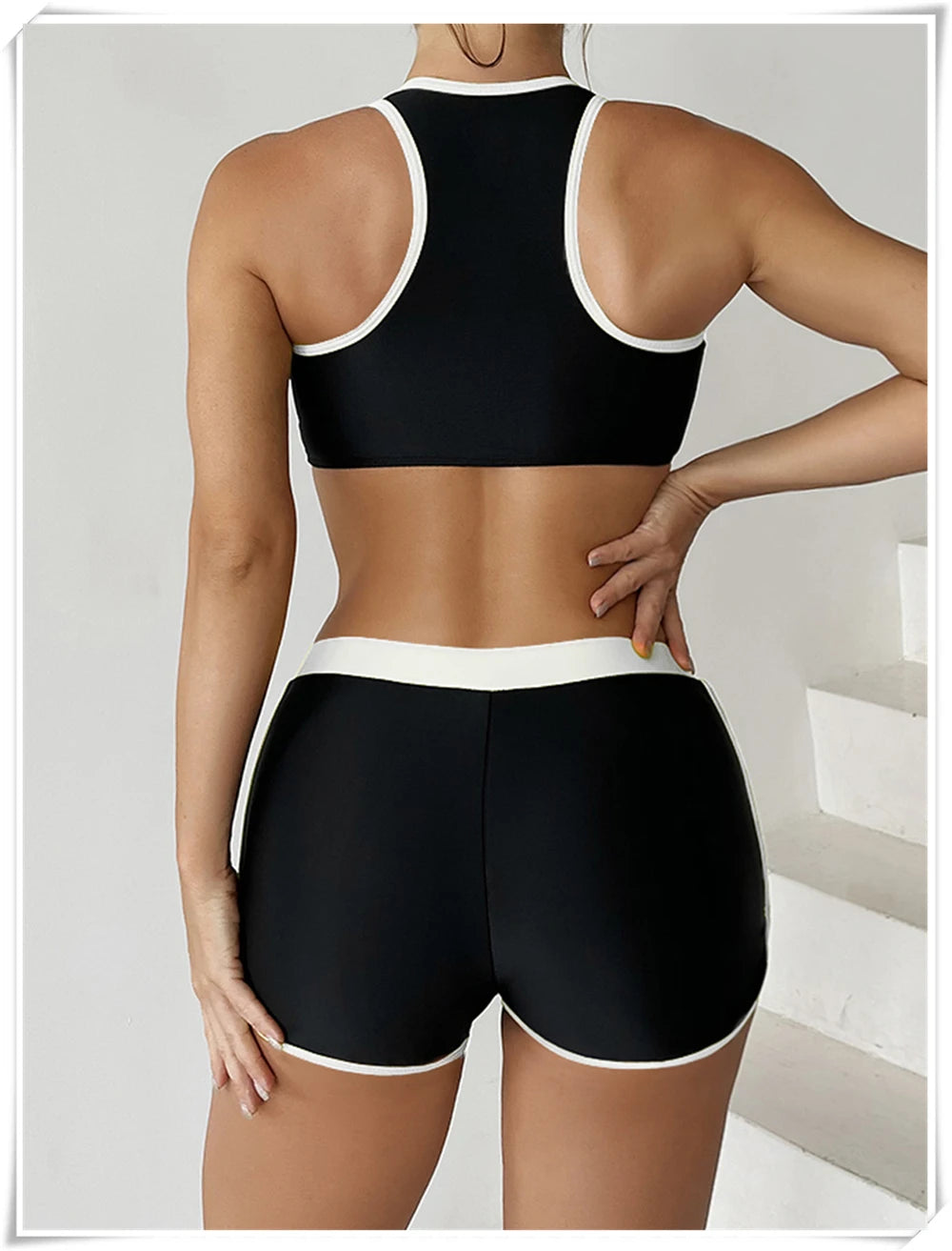 Two Piece Swimsuit Women Zipper Tankini Set High Waist Shorts Swimwear Female Bathing Swimming Suit Sports Beachwear Summer