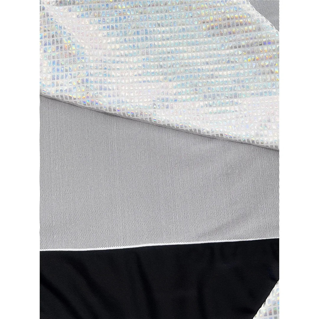 Splicing One Shoulder Shiny Sequins One Piece Swimsuit Women Swimwear Female Mesh Sheer High Cut Bather Bathing Suit Swim