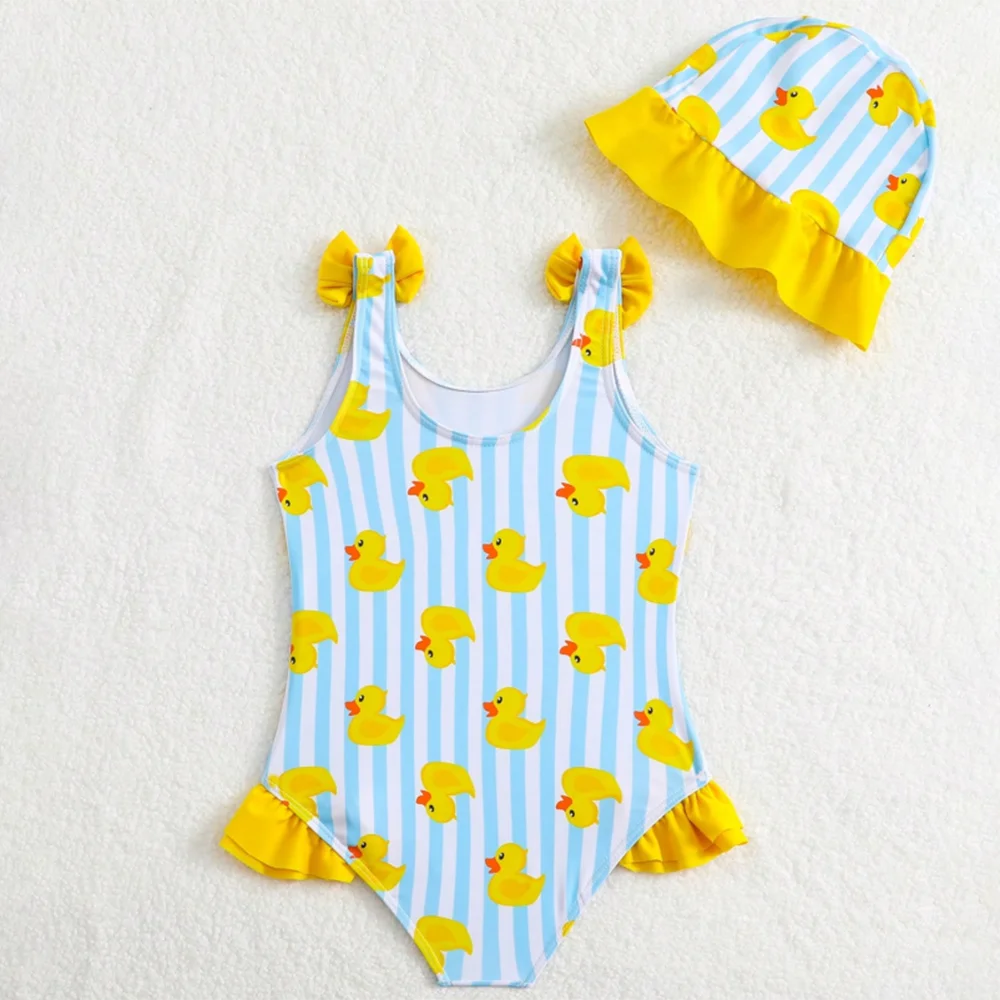 Striped  With Ducks Little Girls Swimsuit With Swimming Cap Ruffle Swimwear Female Children Bathers Bathing Swimming Swim Suit 4-7Y