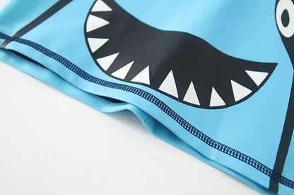 Children's Cartoon Shark Short Sleeve Split Swimwear with Swim Cap, Sun Protection Beach Wear, Baby Boys Swimsuit