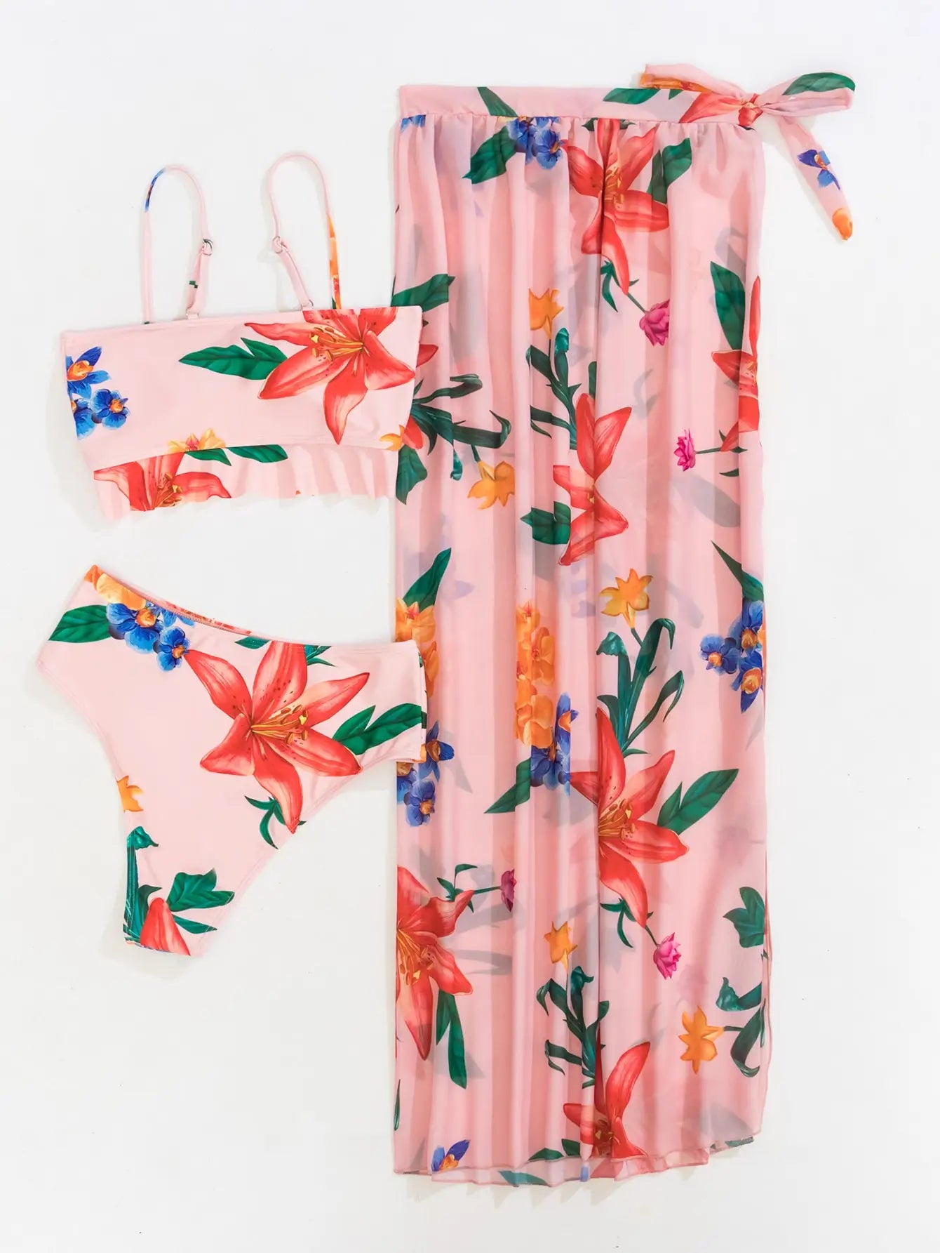 3 Pieces Floral Print Knot Front Bikinis Women Ruffle Swimwear Female High Waist Swimsuit With Beach Skirt Bathing Suit