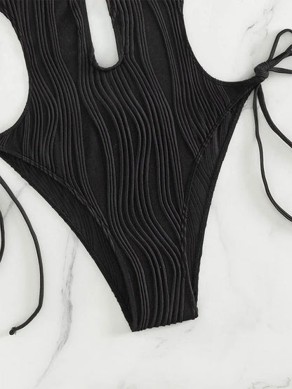 Cikini-Cut Out Tie Side Halter Swimsuit for Women, Monochromatic, Beach Swimwear, Bathing Suit, Summer