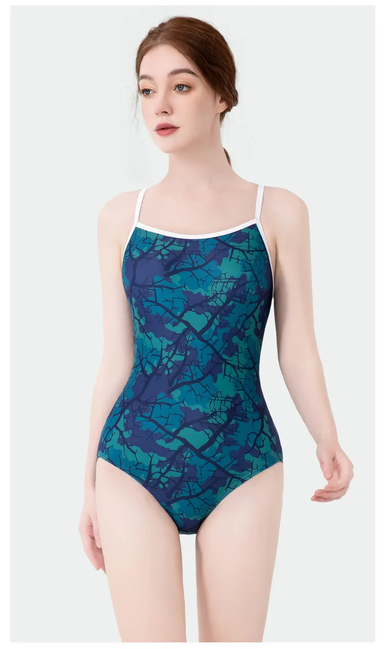 Women Vintage Racing One-piece Swimwear Sun Protection Professional Competition Flower Printed Swimsuit Training Bikini
