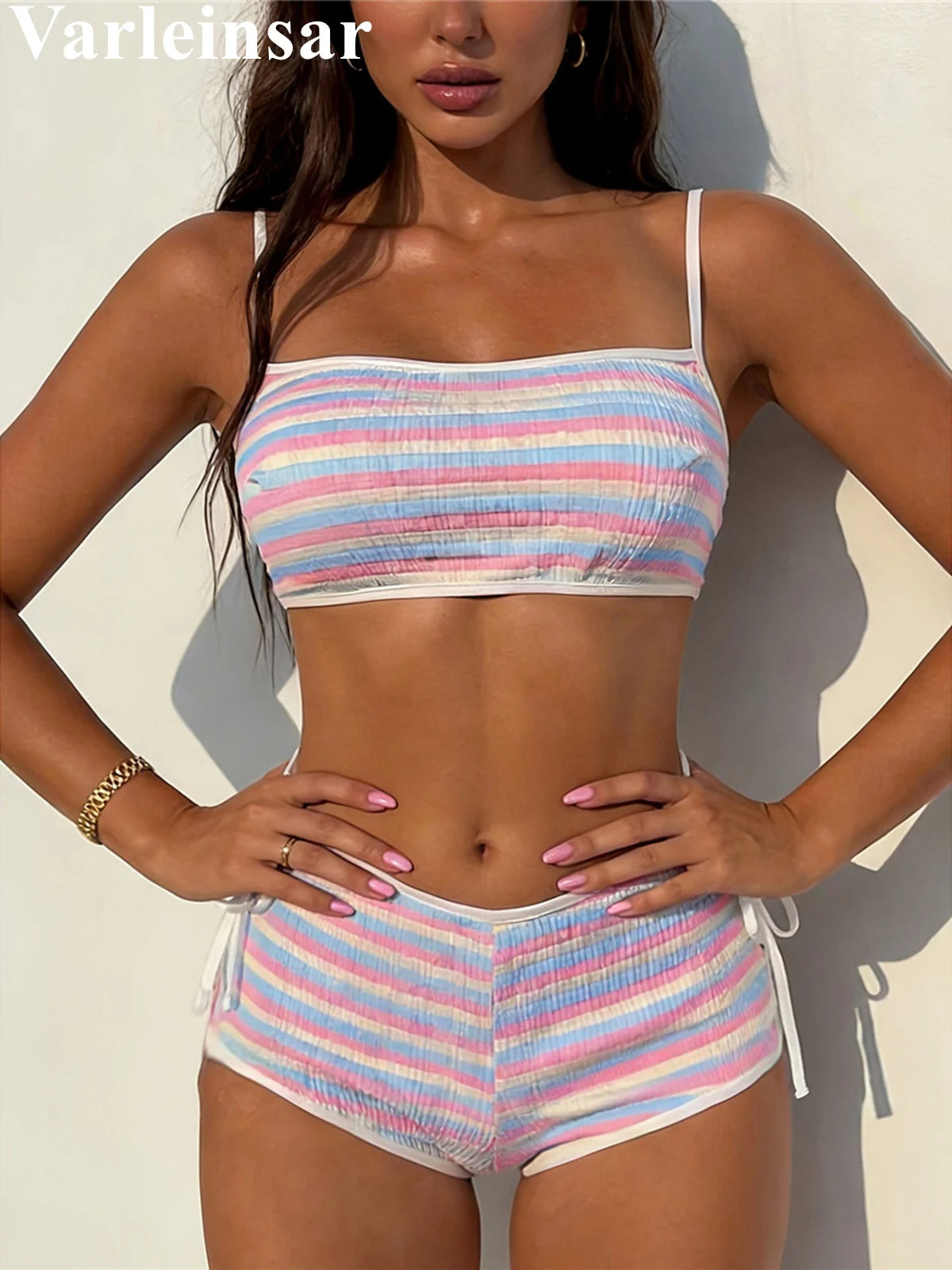 Striped Mid Waist Bikini Female Swimsuit Women Swimwear Two-pieces Bikini set Shorts Padded Bather Bathing Suit Swim