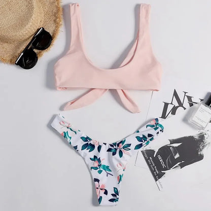 Women's Swimming Suit Bikini Front Tie Push Up Padded Swimwear Cut Out Solid Pink Bathing Suit Swimsuit Beachwear