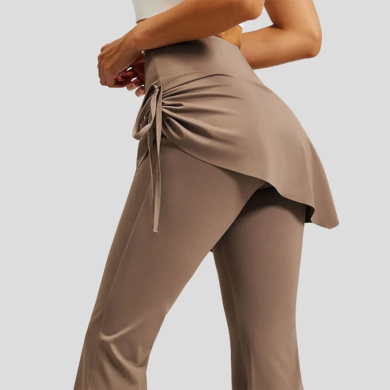Aiithuug Women's 2 in 1 High Waisted Drawstring Side Ruched Skirted Leggings Slim Fit Workout Lounge Bottoms Bell Bottom Flared