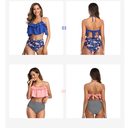 Swimwear Women Halter Ruffle Bikinis High-Waist Split Two-Piece Off Shoulder Swimsuit Pool Beachwear Bathing Suit Plus Size XXL