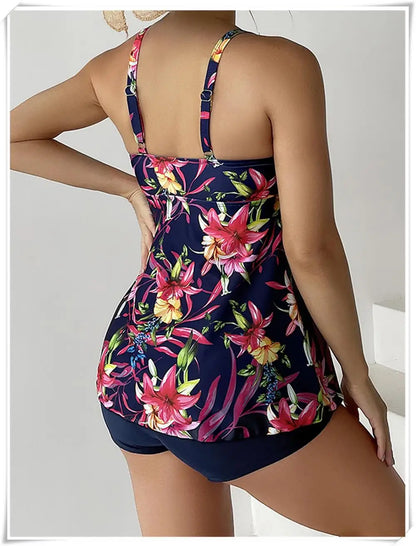 Drawstring Tankini Set Two Piece Swimsuit Short Women Floral Printed Swimwear Female Bathing Suit Beachwear Swimming
