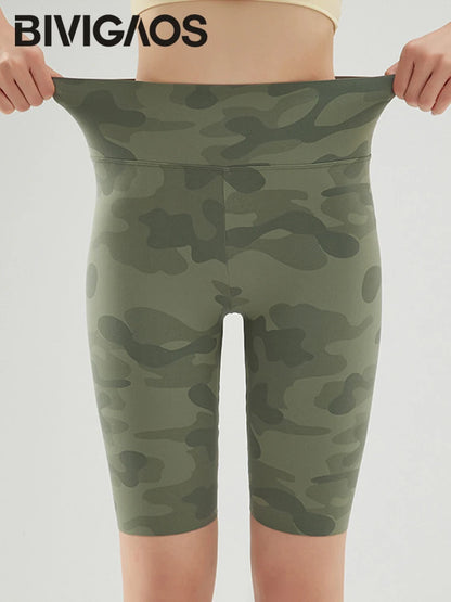 BIVIGAOS Summer Camouflage Green Sharkskin Biker Shorts Knee Length Short Leggings Women Casual Sports Cycling Shorts