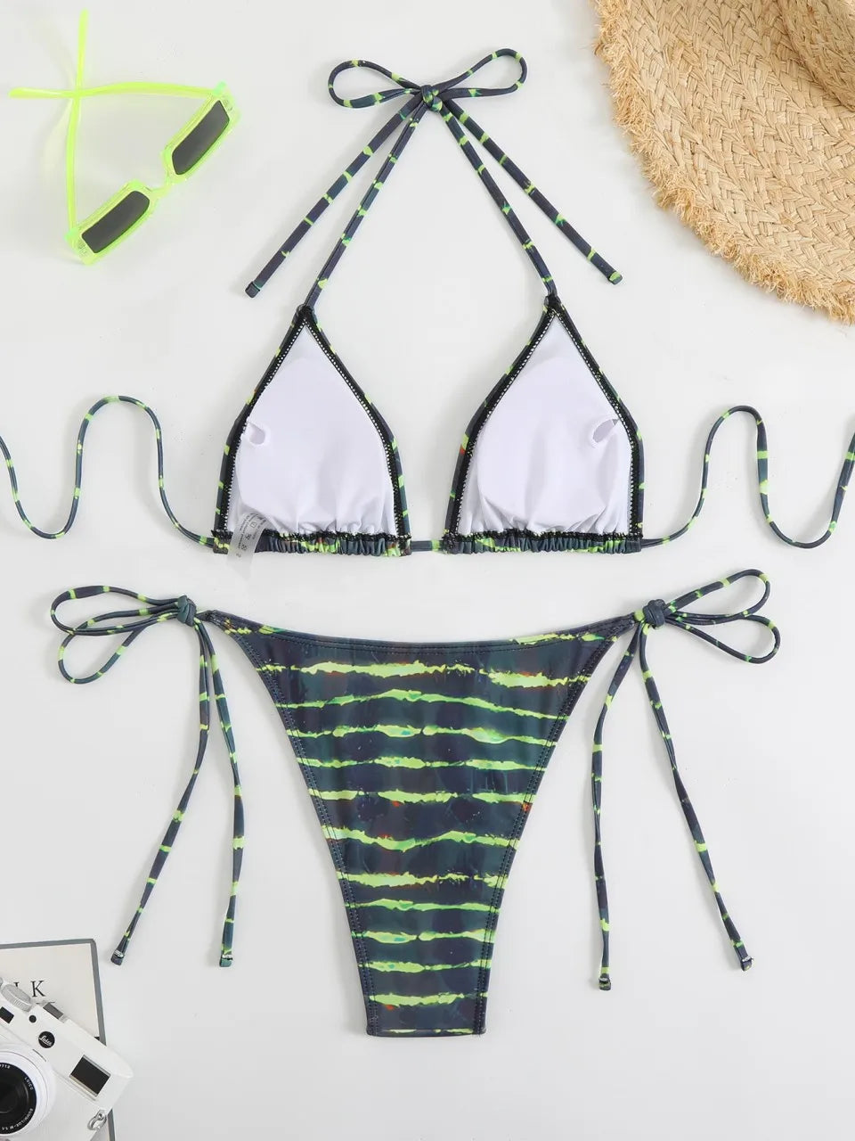 Halter Triangle Bikinis Women Stripe Print Swimsuit Beach Swimwear Female Bathers Bathing Swimming Swim Suit Summer
