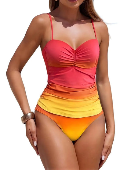 Gradient Printed Swimsuit Sexy Strappy Two Pieces Women Pleated Swimwear Female Bathers Bathing Swimming Swim Suit Beachwear