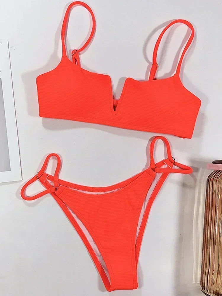 Ribbed Polka Dot Bikinis V-Bar Underwired Bikini Women Swimwear Female Swimsuit Two Pieces Bikini Set High Cut Bathing Suit Swim