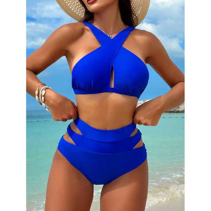 Solid Color Halter Neck Vacation Matching Bikini Set And Swim Trunks Two-Piece Bikini Set, Summer Beach