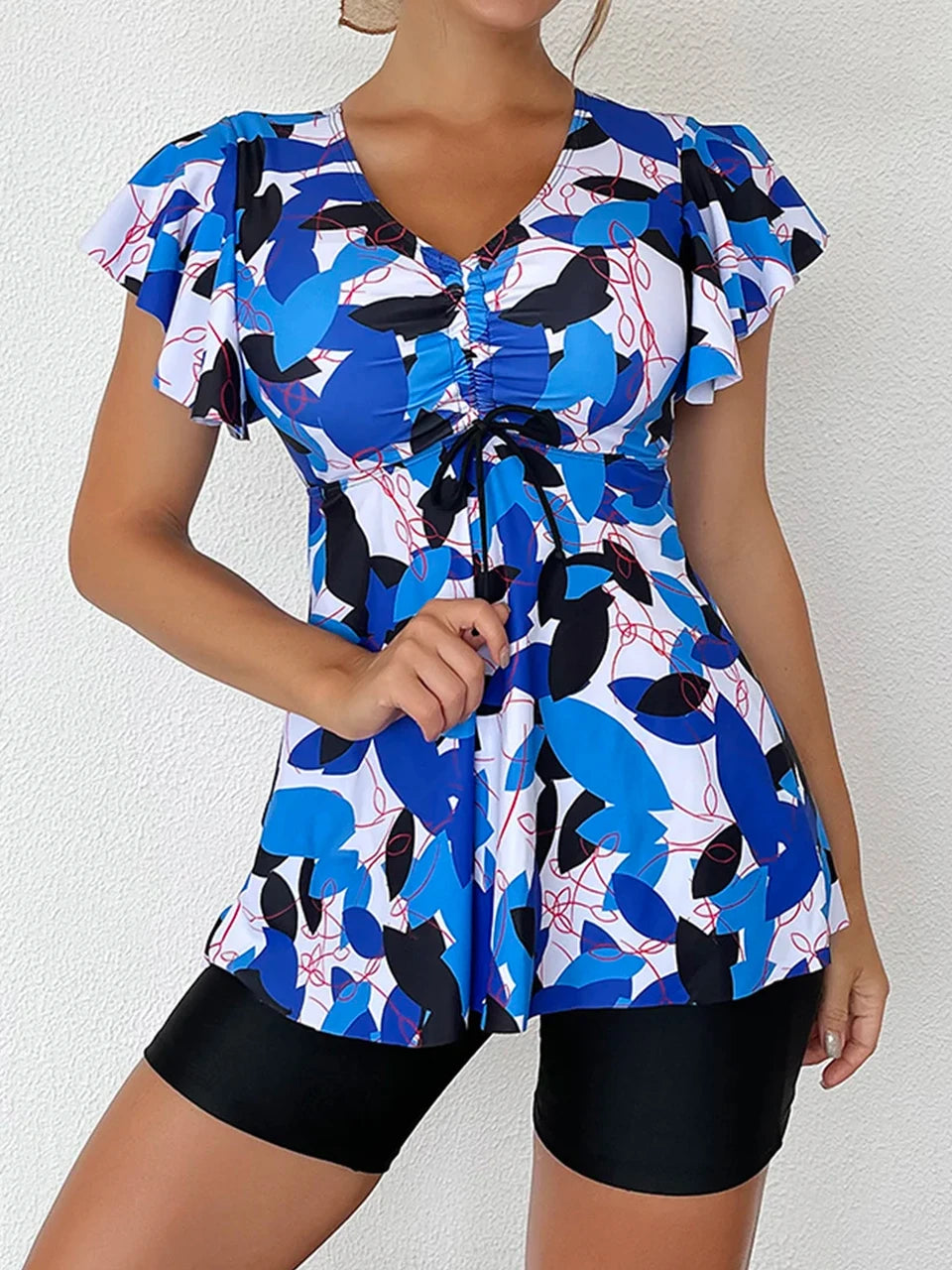 Drawstring Front Tankini Set Skirt Women High Waist Swimsuit Summer Beachwear Female Bathers Bathing Swimming Swim Suit