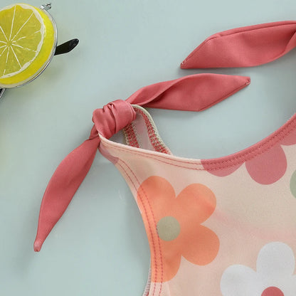 Toddler Infant Baby Girl Sleeveless Swimsuit Floral Print Romper Swimwear U-Neck Bathing Suit Ruffled Beachwear
