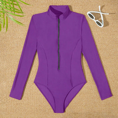 S - 2XL 4 Colors Long Sleeve With Zipper Surf Rash Guard One Piece Swimsuit Women Swimwear Female Bather Bathing Suit Swim