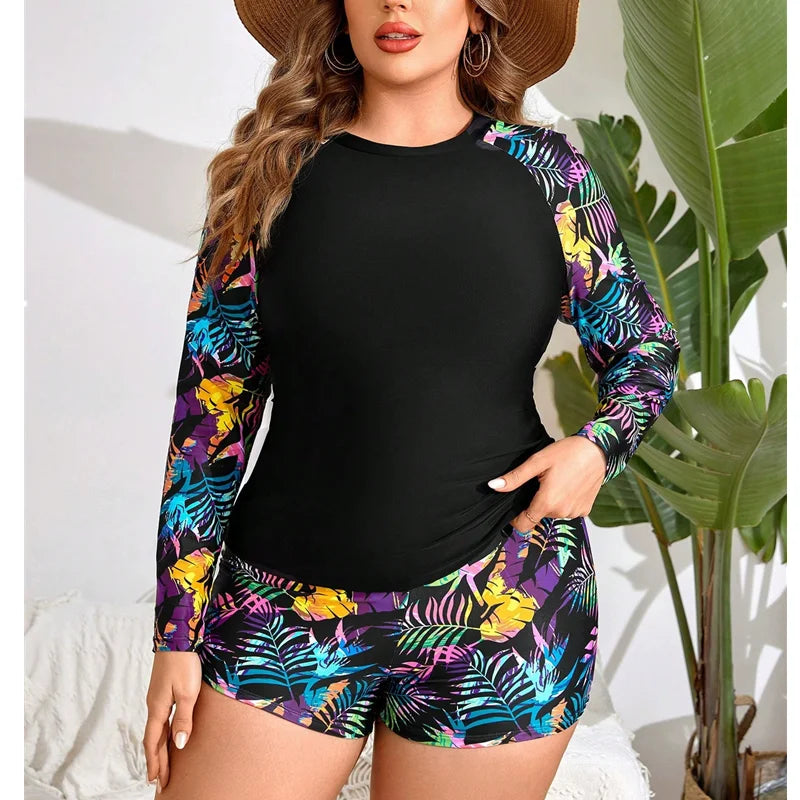 Women's Two Pieces Swimsuit Plus Size Rash Guard Swimwear Sun Protection Surfing Bathing Suits Long Sleeve Swimsuits