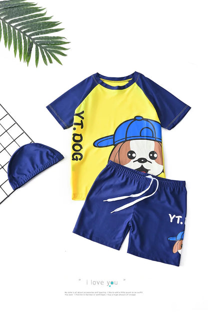 Children's Swimming Suit Teenage Boys' Swimsuits with Cap Cartoon Dog Sun Protection Short Sleeved Sports Swimwear Kids
