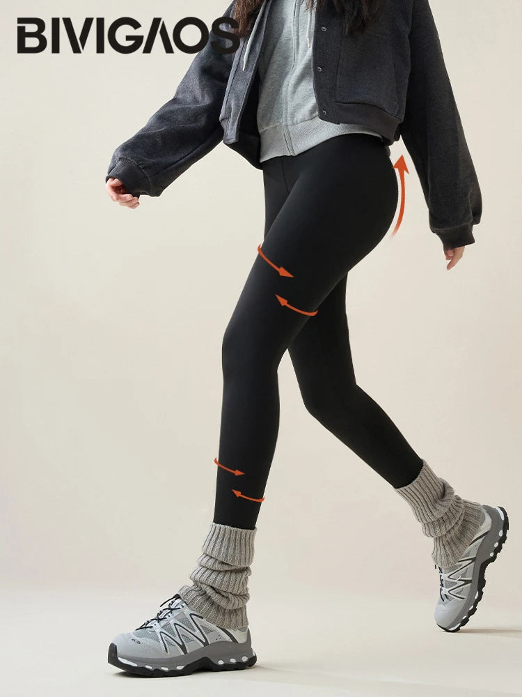 Autumn Winter Rabbit Fleece Sharkskin Leggings Women Casual Basic Thicken Warm Leggings Brown Fleece Lined Tights