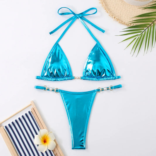 Metallic Halter Bikinis Set Lace Up Triangle Tie Side Swimsuit Pearl Patchwork Women Swimwear Micro Thong Bathing Suit