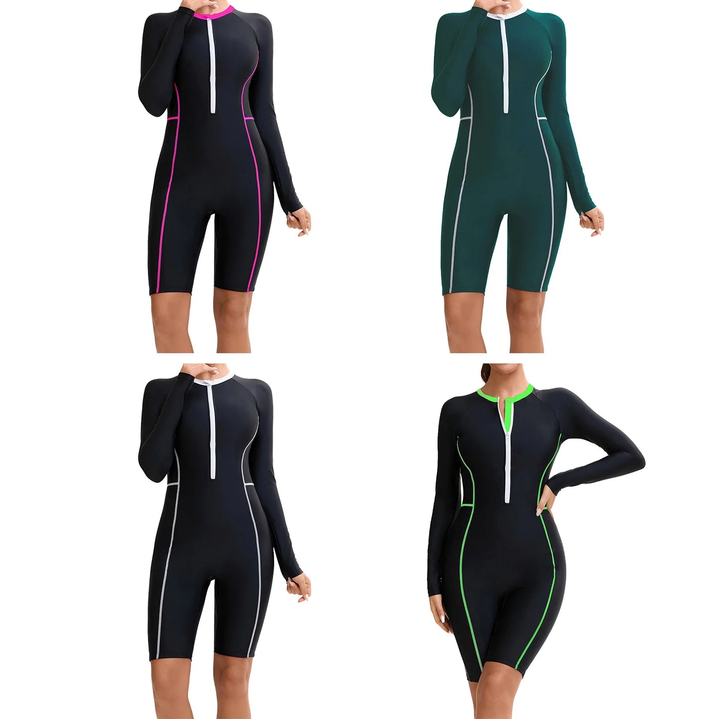 Womens Swim Leotard Long Sleeve One-Piece Swimsuit Surfing Swimwear Bathing Suit Front Zipper Jumpsuit for Summer Holiday Pool