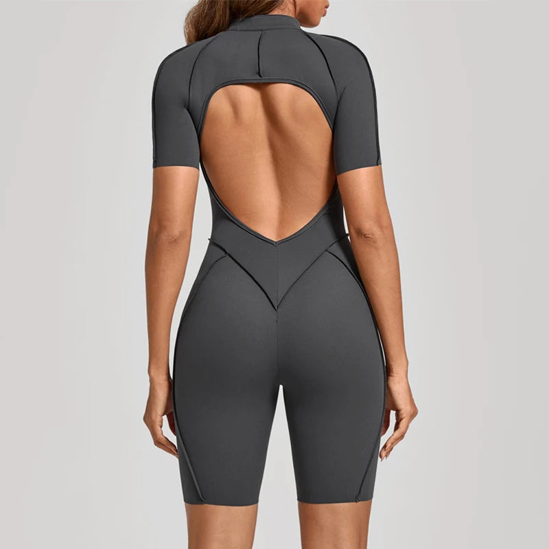 Women's Short-Sleeve Zip-Front Open-Back Workout Playsuit